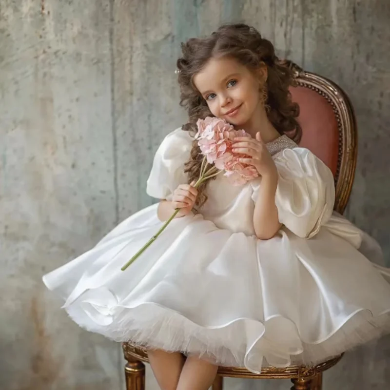 

Spanish Style Children Clothes 2023 Girls White Dress Fashion Elegant Princess Birthday Party Ball Gown Kids Bow Fluffy Dresses