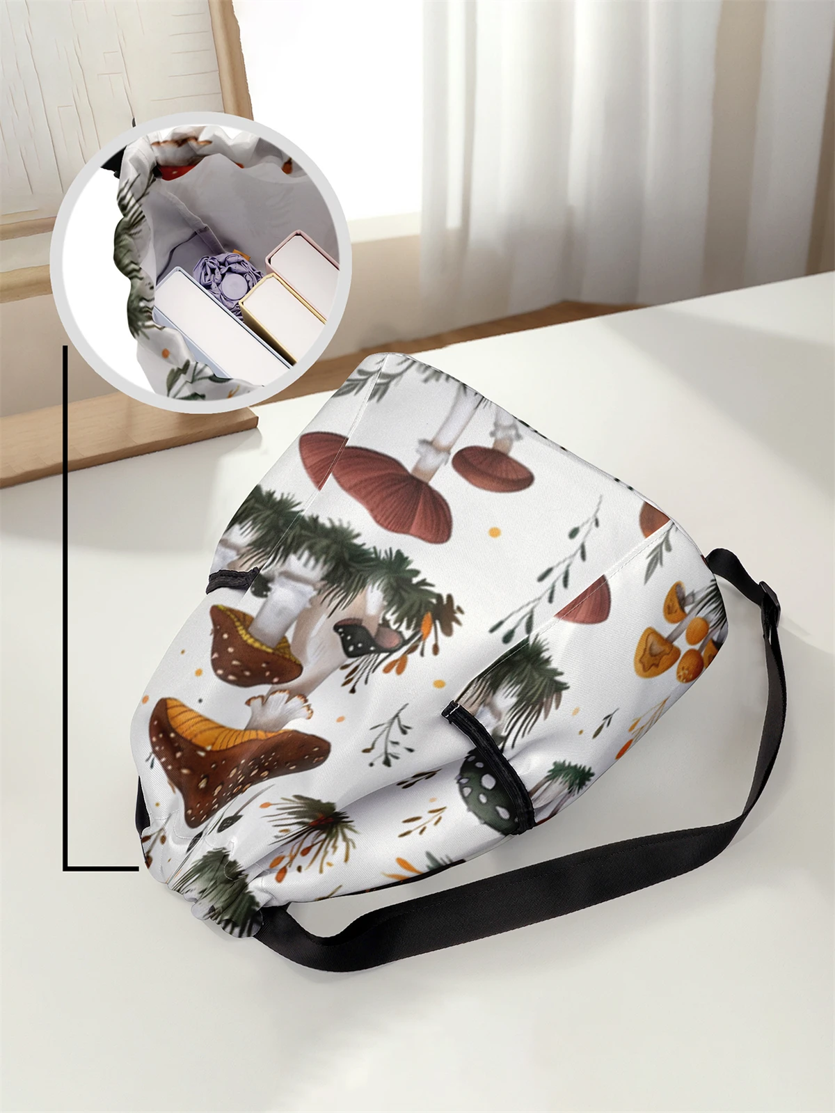 Mushroom Pattern Drawstring Backpack - Large Capacity Durable Fitness Bag, Adjustable Shoulder Strap, Sports Beach Backpack