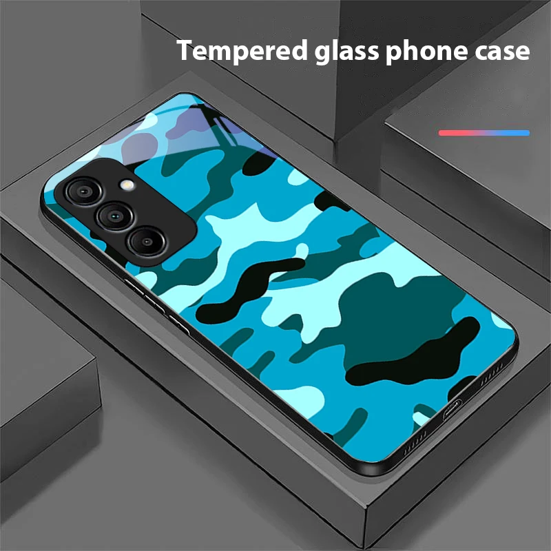Camouflage Blue Black Tempered Glass Phone Case