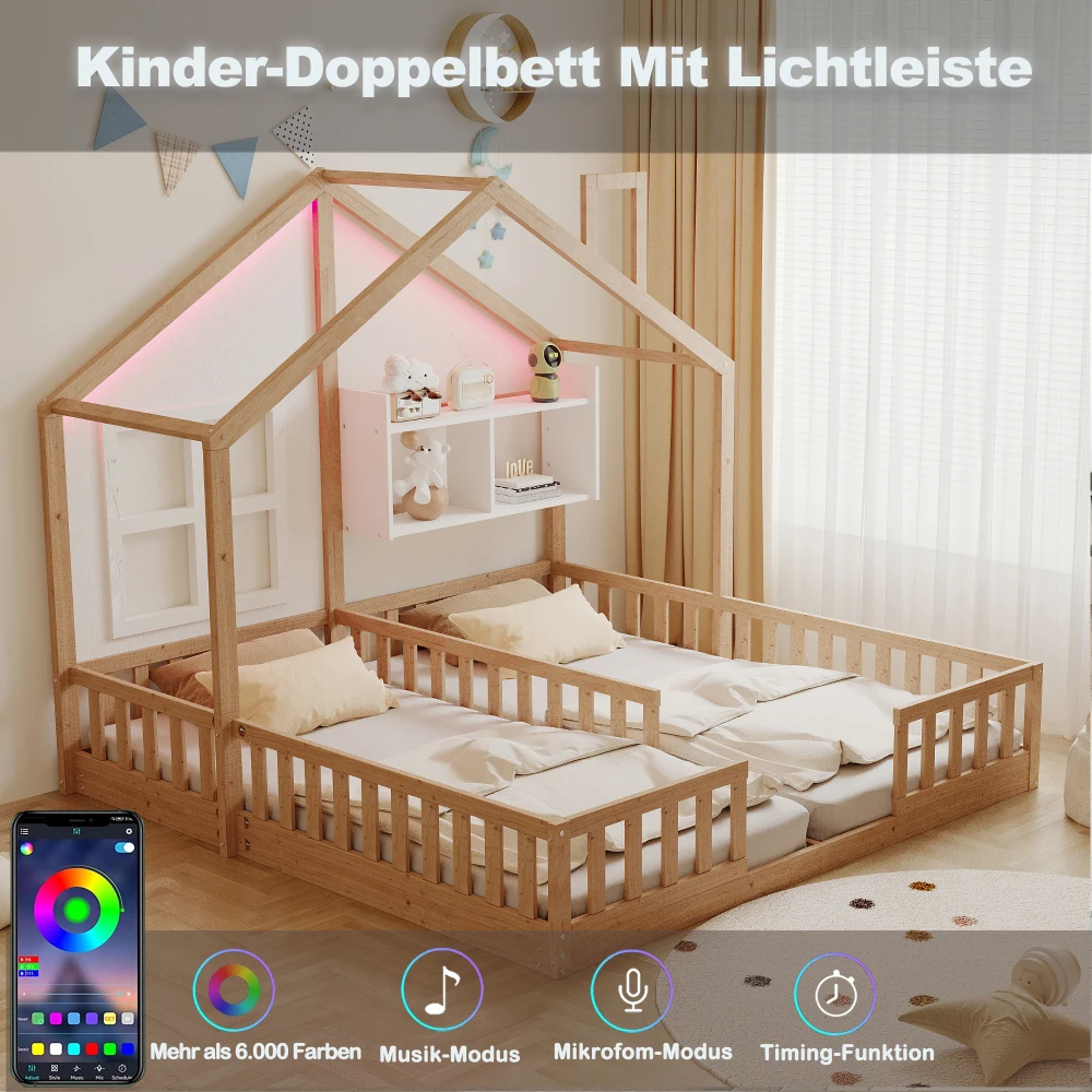 90×200cm Kinderbett, Holz-Doppelbett, Hausdesign mit Fenstern und Schornstein, LED-Beleuchtung, Sicherheitsgitter, Stauraum – Detail 20