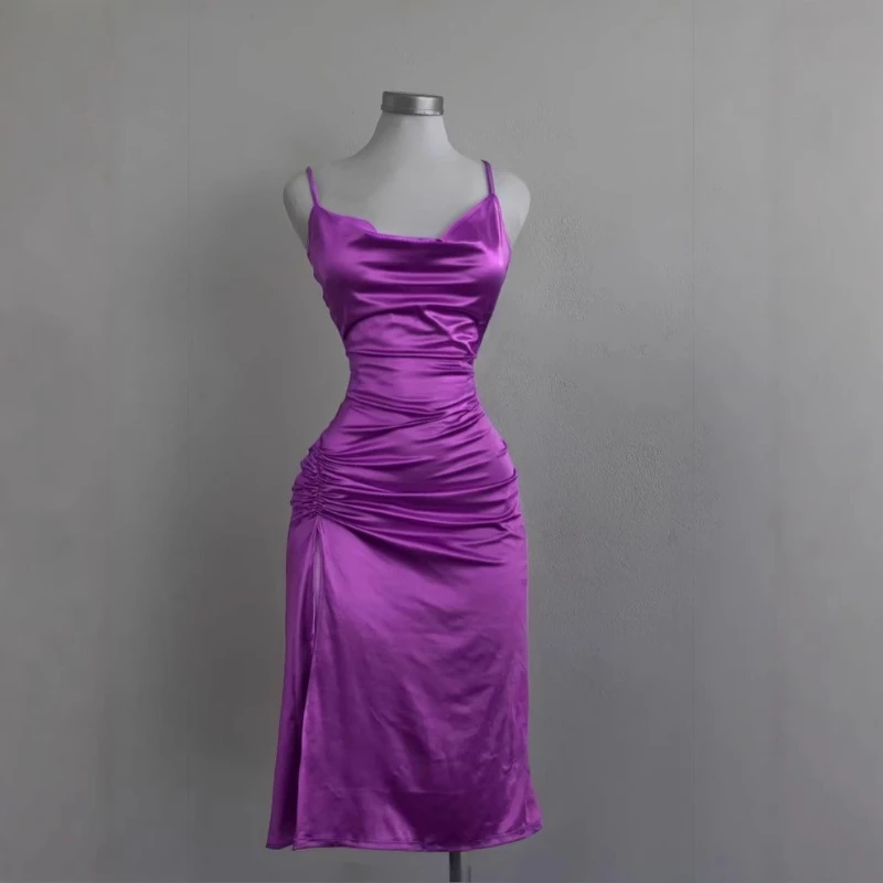 Spring and Summer New Women's Suspender Dress Fashionable Y2k Backless Solid Color Puckered Split Sexy Sleeveless Slim Hip Dress