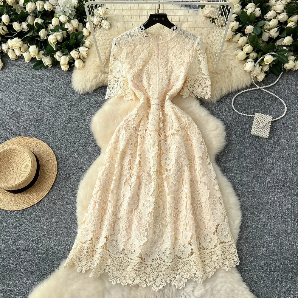 Elegant Hollow Out Hook Flower Lace Vintage Short Sleeves Slim Long Dresses French Fashion Evening High Street Women Clothing - AliExpress 200000345 Elegant Hollow Out Hook Flower Lace Vintage Short Sleeves Slim Long Dresses French Fashion Evening High Street Women Clothing - AliExpress 200000345