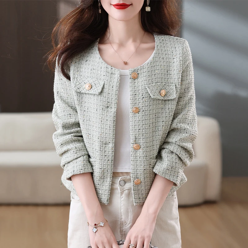 

Autumn New Short Tweed Coat Women O-neck Single-breasted Sequined Slim Tweed Jackets Female Fashion Outerwear Temperament Tops