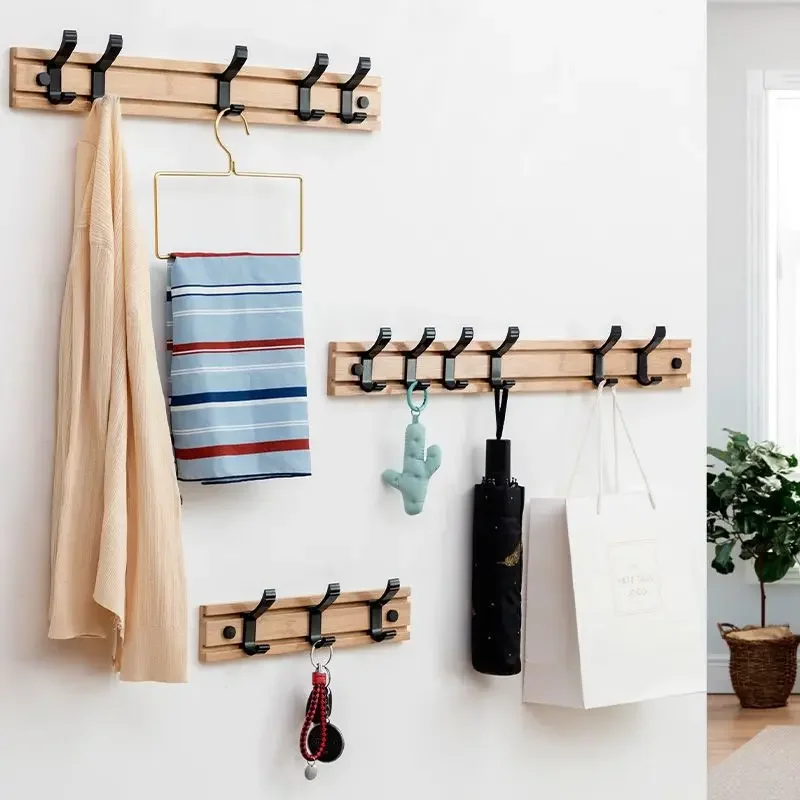 Bamboo Metal Movable Hooks Wall Mounted No-punch Coat Racks Clothes Hanger for Hat Schoolbag Bedroom Living Room Furniture