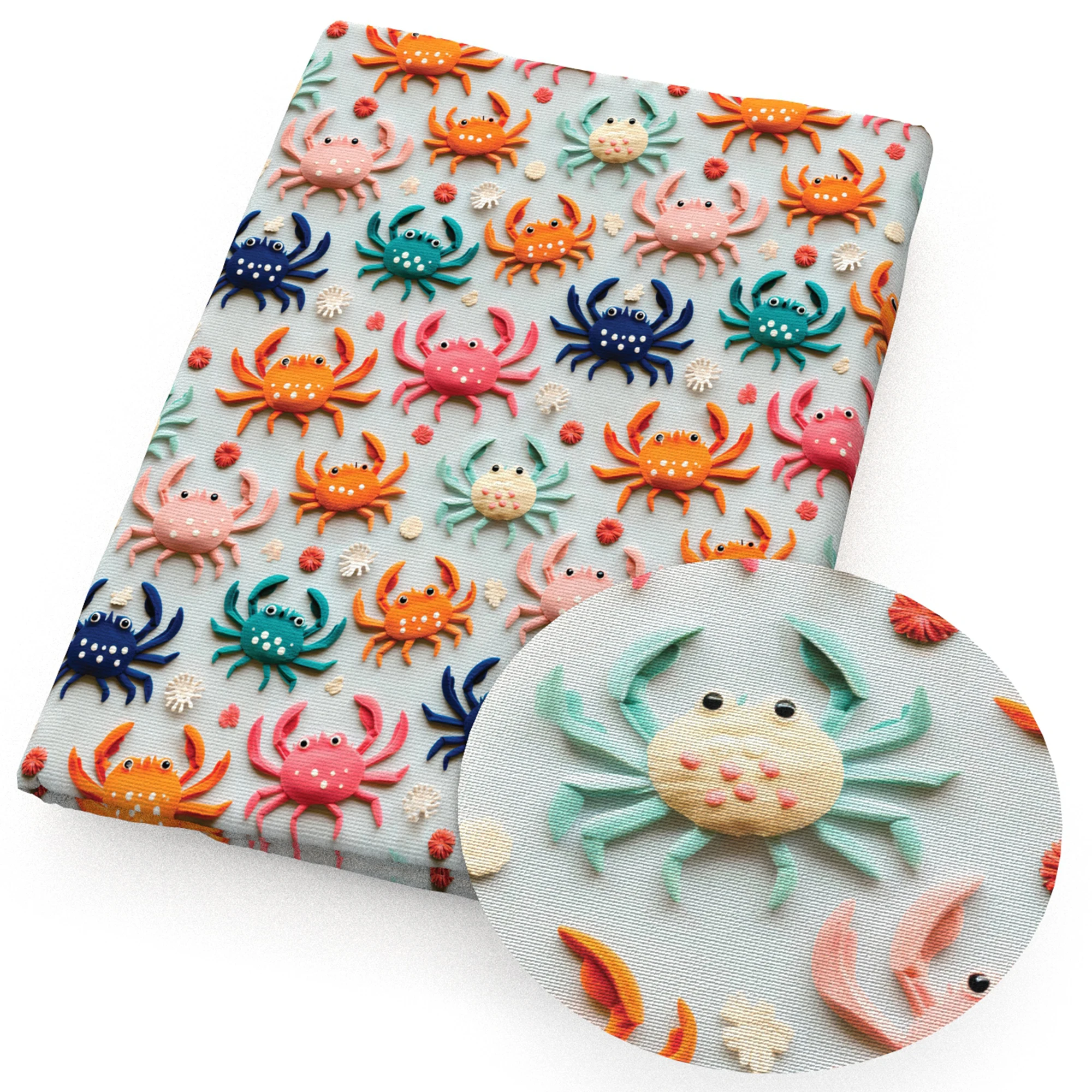 3D Imitation Embroidery Ocean Series Faux Leather Sheets Crabs Coconut Palm Tree Shell Printed Synthetic Leather Fabric Roll