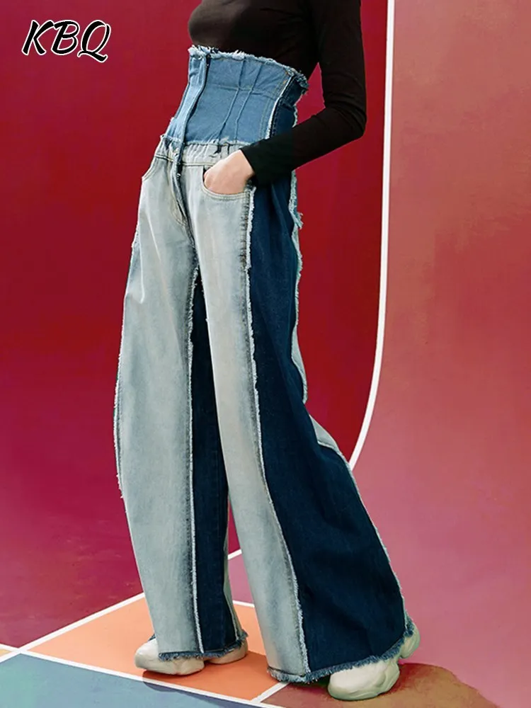 

KBQ Hit Color Spliced Raw Hem Jeans For Women High Waist Patchwork Pockets Loose Streetwear Wide Leg Denim Pants Female Fashion