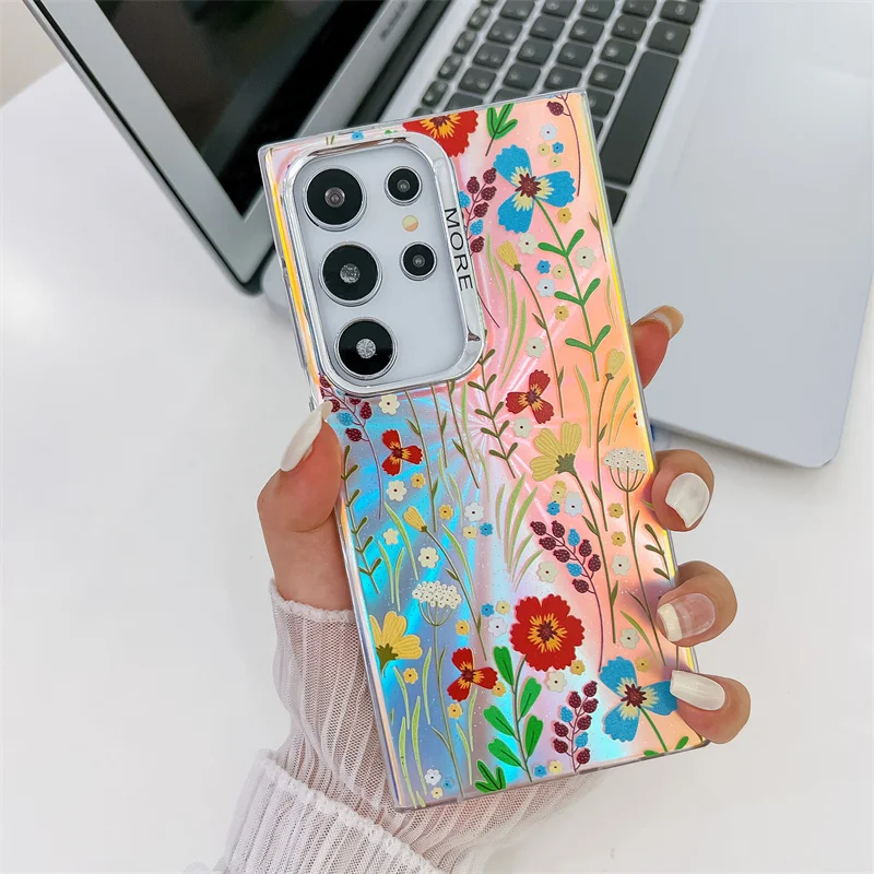 Coque de téléphone à motif de fleur laser pour Samsung Galaxy S25 S23 FE S24 Plus S22 Ultra A14 A15 A55 A54 A25 A35 A34 Coque arrière rigide en PC mat_voghion.com