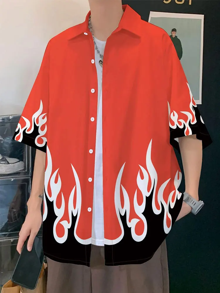 

Casual Harajuku Flame Printed Shirt Men Loose Oversized Hip Hop Short Sleeve Streetwear Shirts 2023 Summer Beach Unisex Tops