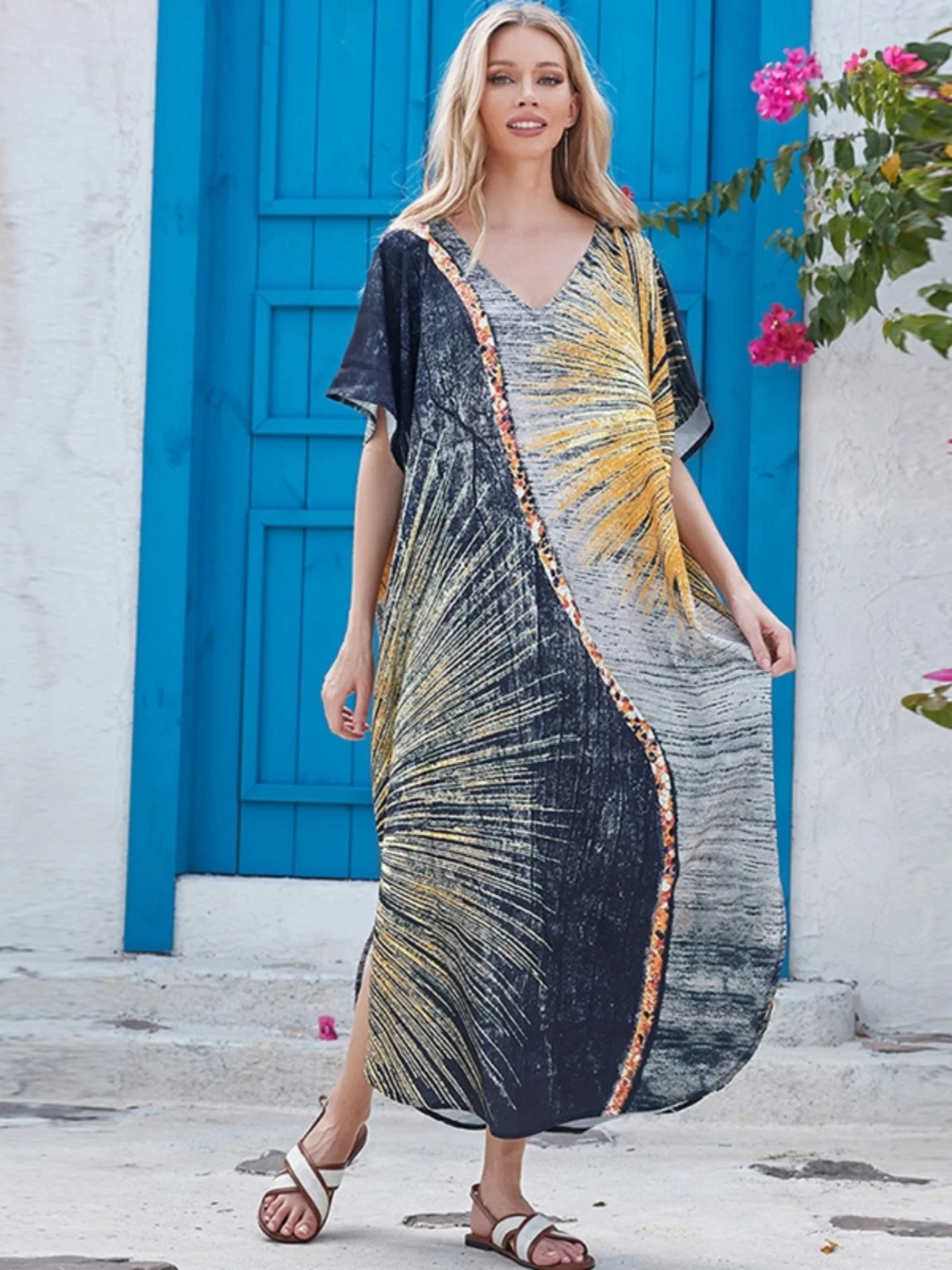 

Printed Oil Painting Dress Sanya Thailand Seaside Holiday Artistic Atmosphere Long Belt Robe