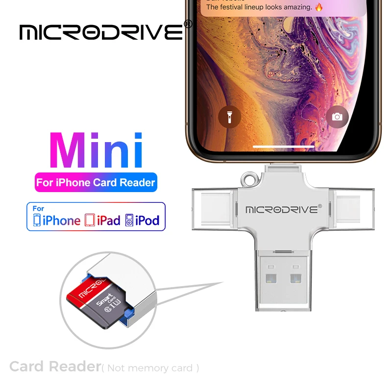 OTG 플래시 USB3.0, USB-C, 라이트닝 카드 리더, Miro Mini SD 카드, 카드 어댑터, iPhone, iPad용 리더기, 4 in 1