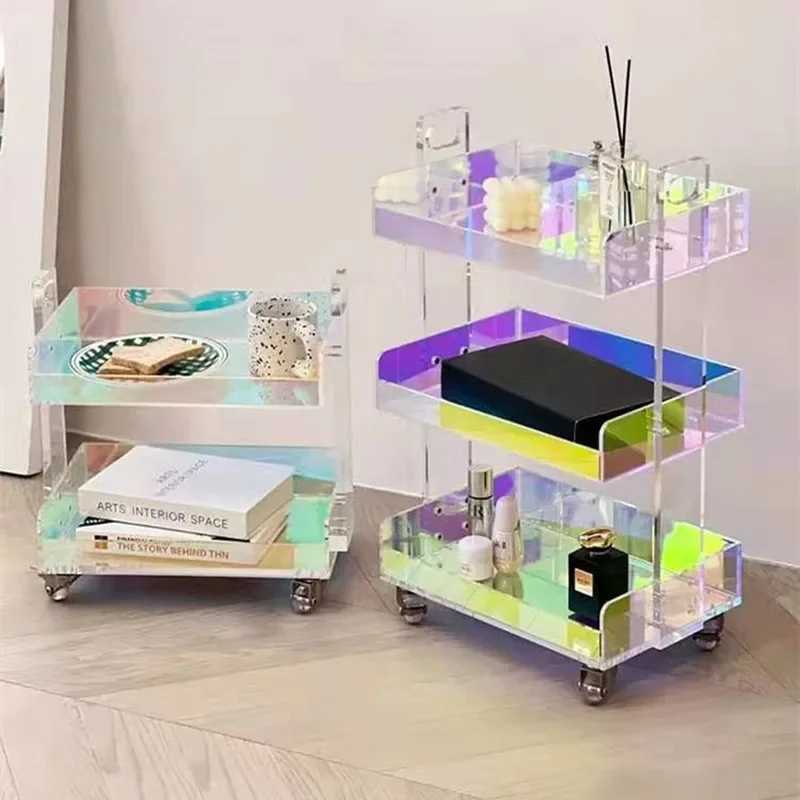 Rotatable Rainbow Luxury Acrylic Living Room Sofa Side Edge Coffe Table Transparent Mobile Tea Table Trolley Storage Rack