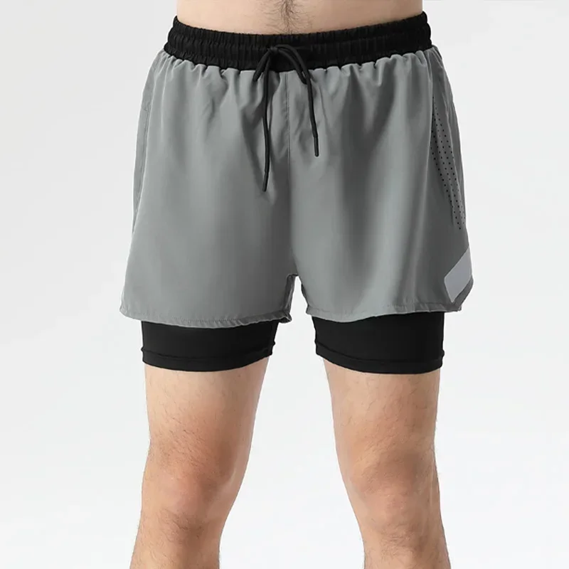 2 in 1 Men's Double Short Pant Beach Sweat Shorts with Pocket Outdoor Go Hiking Sweatpants Marathon Athletics Trousers
