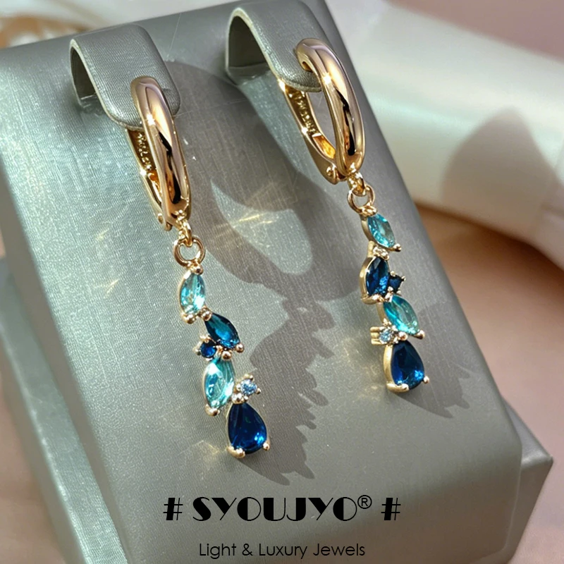 SYOUJYO Neue 585 Rose Goldene Ohrringe Für Frauen Luxus Blau Natürliche Zirkon Blatt Lange Baumeln Ohrringe Hochzeit Schmuck