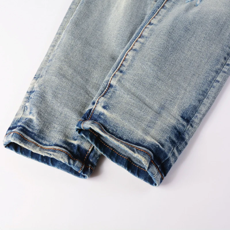 High Street Fashion Men Jeans Retro Blue Stretch Skinny Fit Ripped Jeans Men Leather Patched Designer Hip Hop Brand Pants Hombre