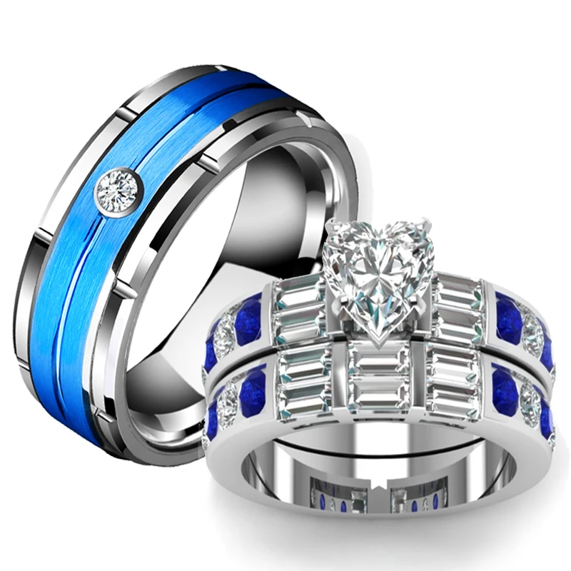 

His and Hers Couple Rings for Women White Heart Zircon Wedding Rings Set Men Blue Titanium Steel CZ Ring Wedding Jewelry Gifts