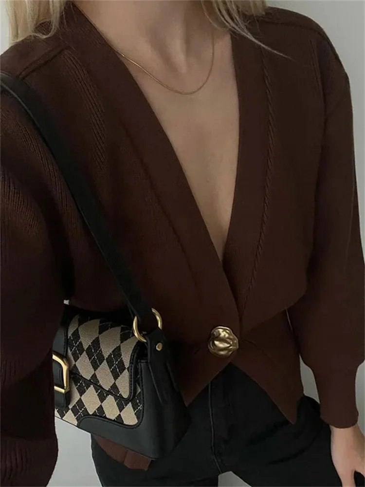 Knitwear V-Neck Cardigan Coat For Women Long Sleeve Fashion Autumn Elegant Cropped Outwear Knit Women's Cardigan Top