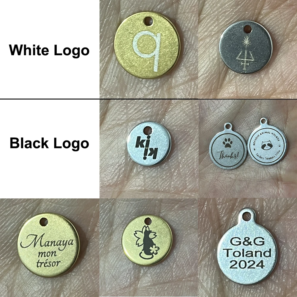 100 Stück/Los, personalisierbare Anhänger aus Edelstahl, Blanko-Stempel-Hundemarken, Charms, Stahl, goldfarben, personalisierbar, Lasergravur, LOGO – Detail 2