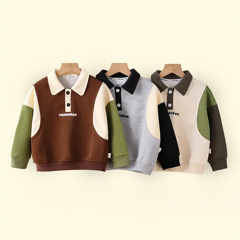 Boys POLO Shirt Lapel Sweatshirt Autumn New Children's Fashion Casual Letter Coat Spring Kid Colorblocking Loose Tops 2-12Y