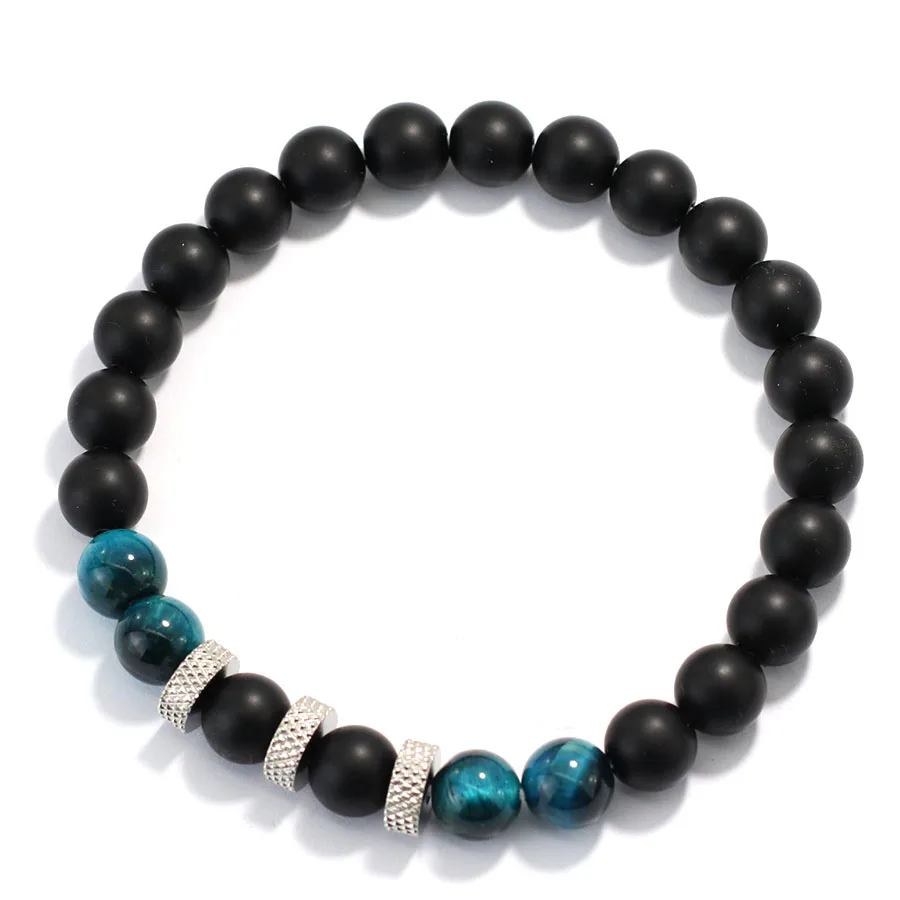 Mens Onyx Tiger Eyes Lava Rock Stone Beaded Bracelet