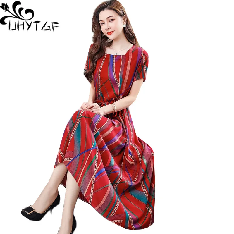 

Платье UHYTGF женское с винтажным принтом, тонкая хлопковая шелковая Домашняя одежда, пуловер с коротким рукавом, летнее платье, 2423