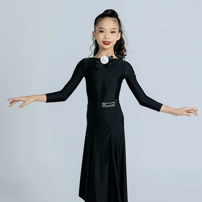 

Женский костюм для бальных танцев, черный костюм с длинными рукавами и юбкой-качели, модель DN17342, 2024