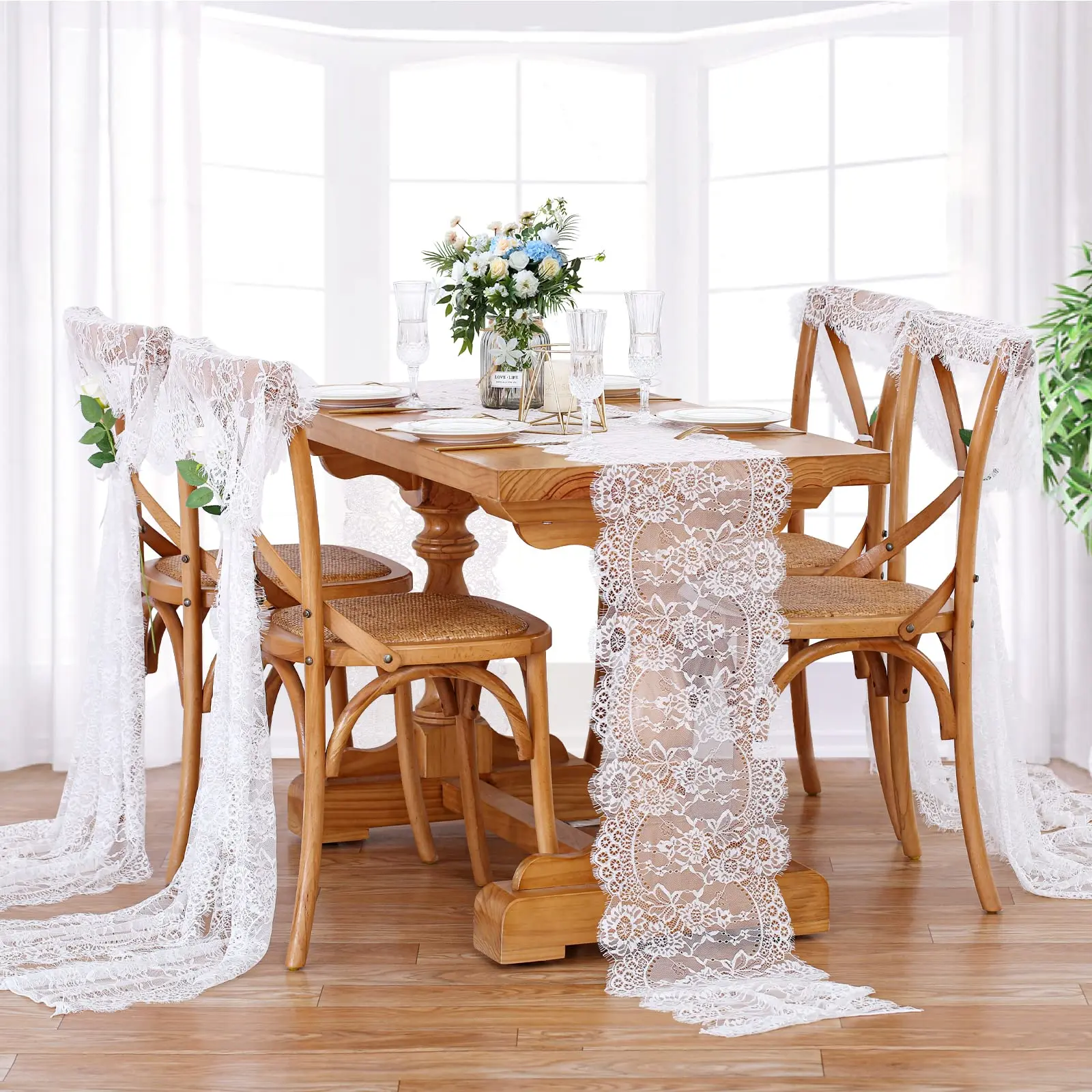Description Picture 3 of item300cm Vintage White Lace Table Runner Overlay Lace Fabric Tablecloth for Rustic Wedding Reception Table Decor Boho Party Decor