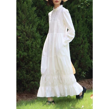 무제한 2023 가을 스탠드 칼라 패치 워크 긴 소매 셔츠 드레스 흰색 중공 프랑스 스타일 복고풍 나무 귀 드레스
