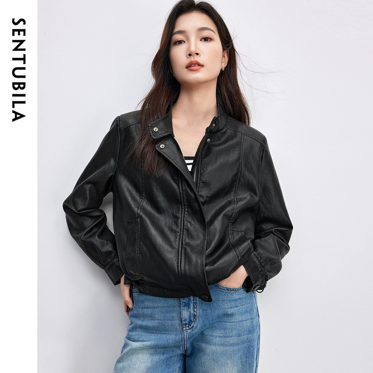 SENTUBILA Faux Leather Jackets Women 2026 Spring Fashion Retro Straight Stand Neck Zipper Cropped Highstreet Pu Coats W51G80160