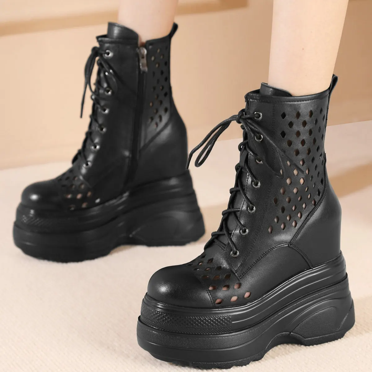 

Summer Plus Size Pumps Shoes Women Genuine Leather Wedges High Heel Ankle Boots Female Round Toe Fashion Sneakers Big Size Shoes