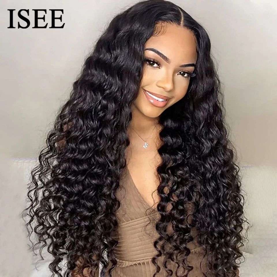 Wear And Go Pre Cut PrePlucked Glueless Wig ISEE Hair Deep Wave Lace Front Human Hair Wig HD Transparent Lace Closure Curly Wigs