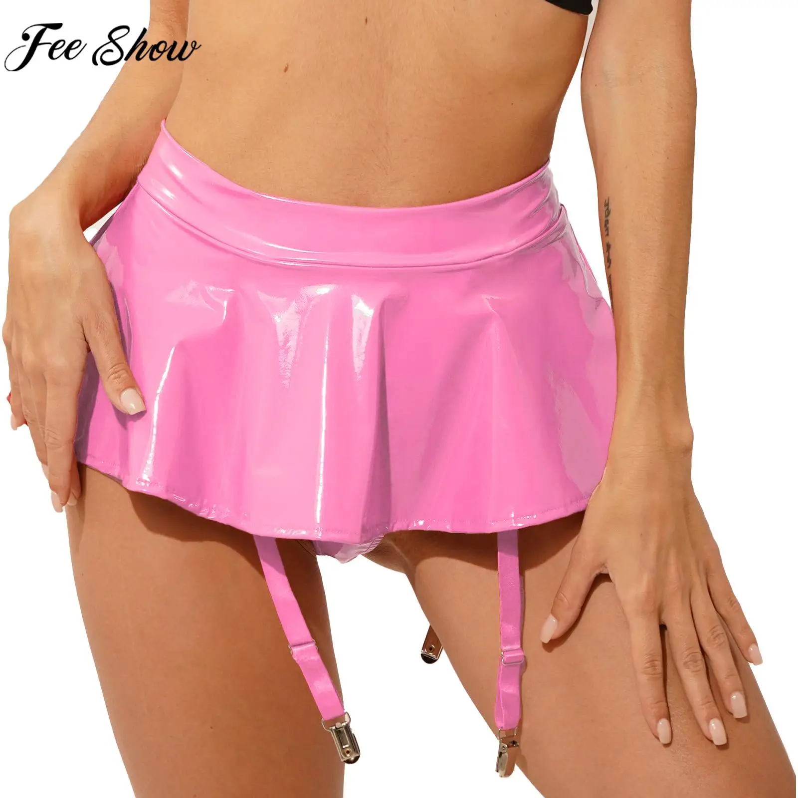 

Women Wet Look Patent Leather Miniskirt Built-in Thong Garter Clips Ruffle Skirt Party Nightclub Pole Dancing Clubwear Nightwear