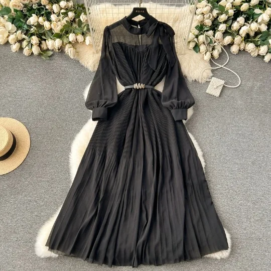2024 Muslim Arab Sweet Bow Heavy Industry Slimming Waist and Folding Solid Color Chiffon Bubble Long Sleeved Dress