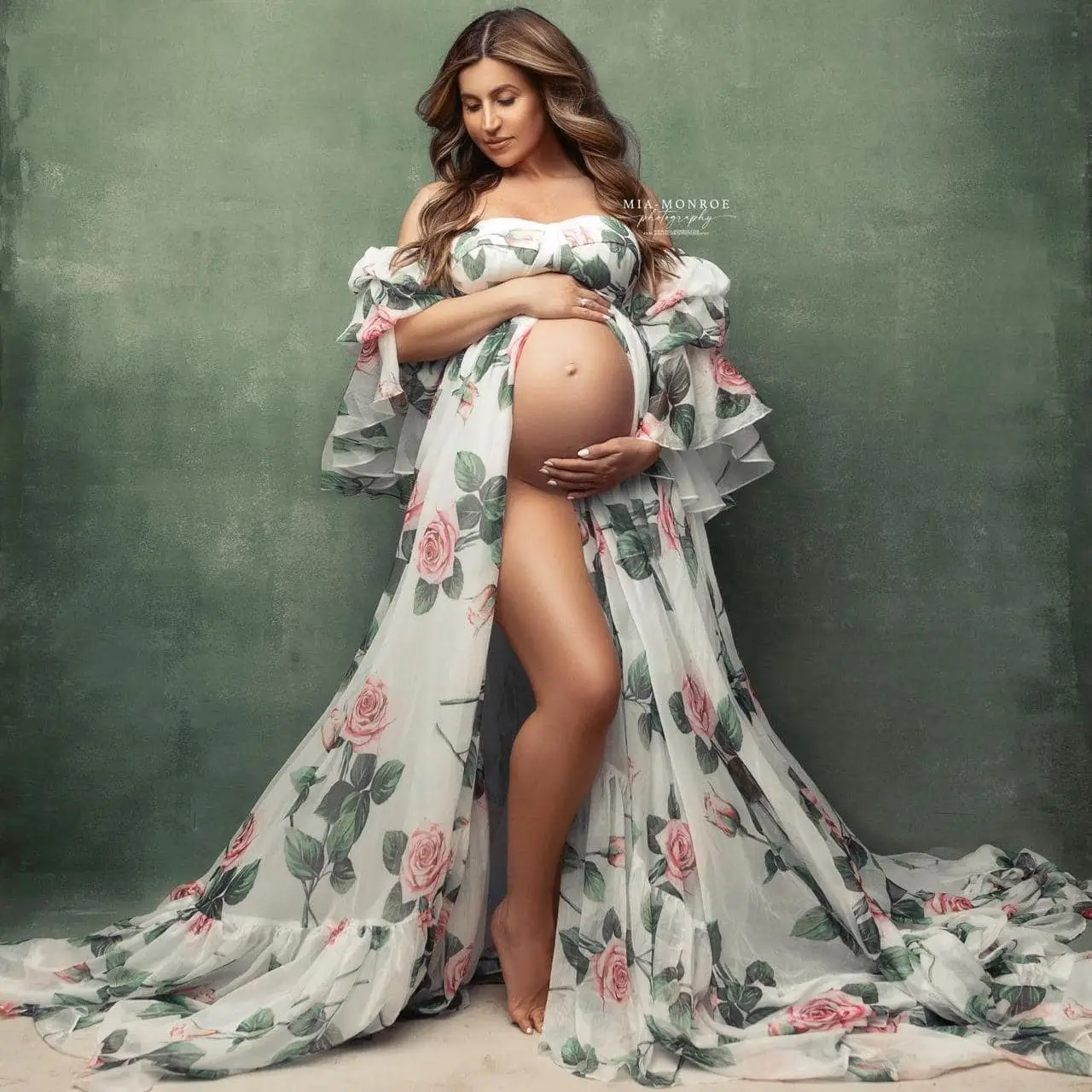 

Rose Flower Maternity Dress for Photoshoot Front Split Pregnancy Babyshower Bridal Dress for Photography