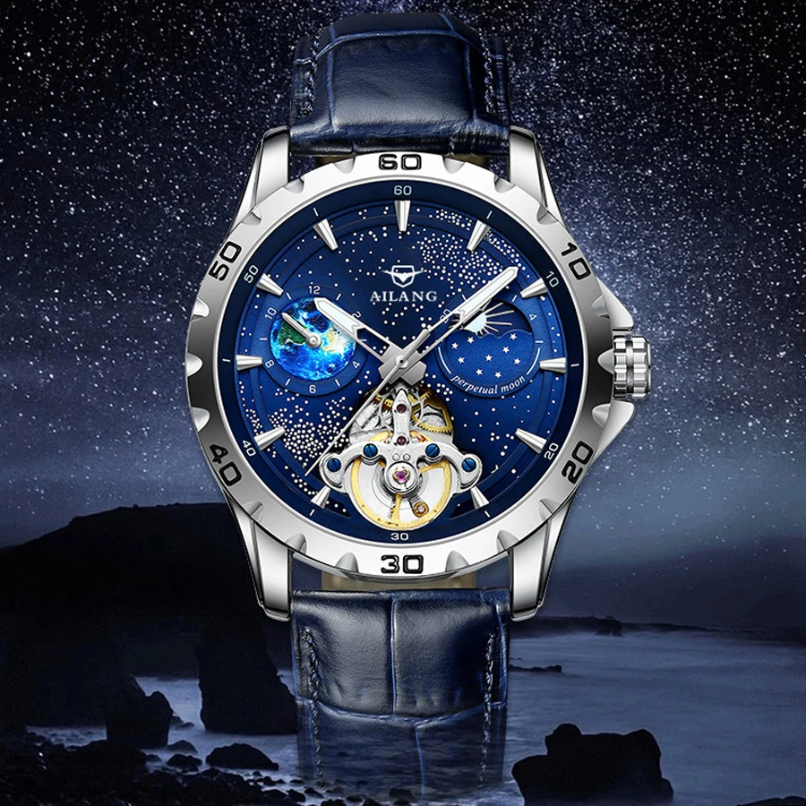 AILANG Fashion Blue Starry Sky Mechanische Uhr für Herren, luxuriöses Lederarmband, wasserdicht, leuchtend, automatische Tourbillon-Uhren_voghion.com