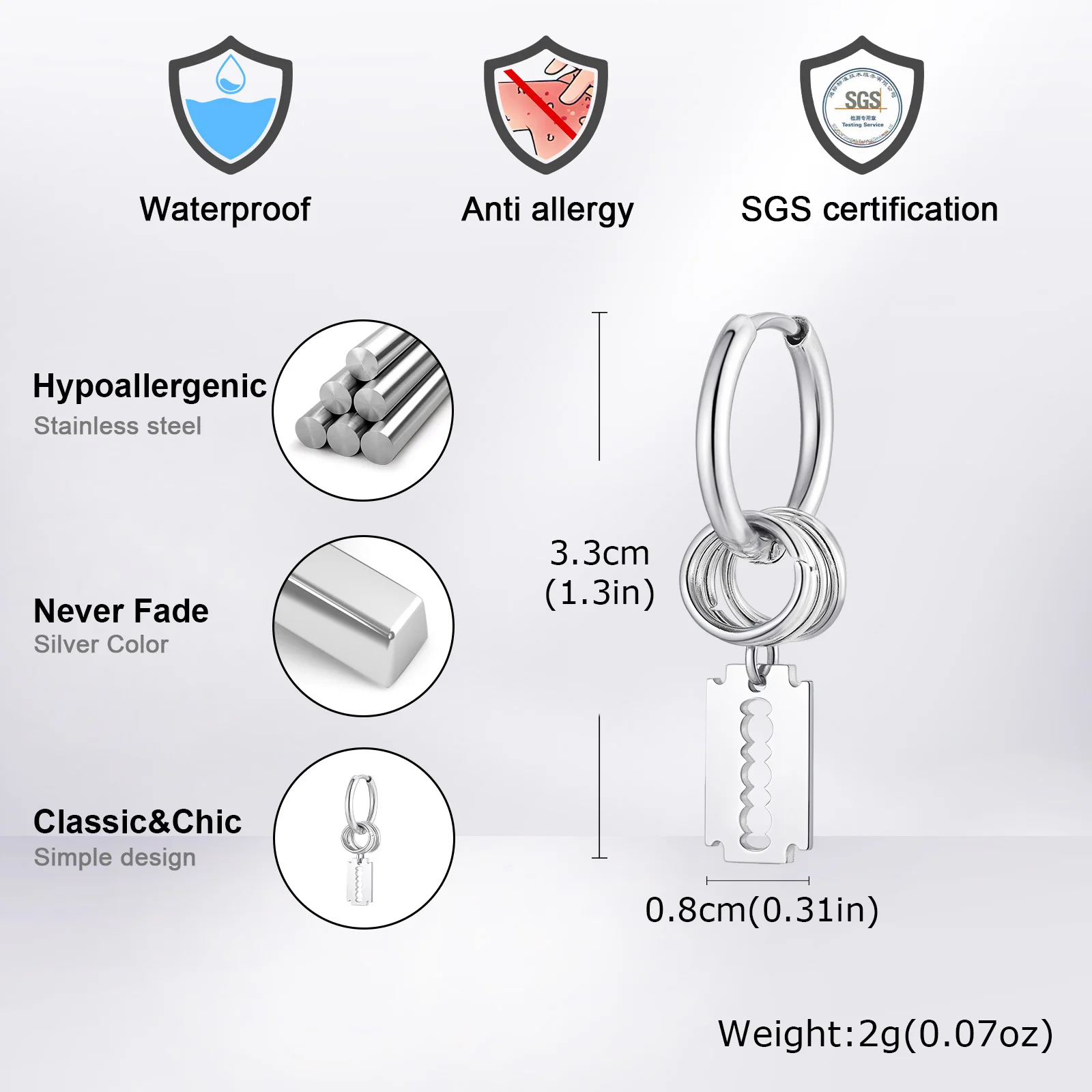 Fashion Hoop Earring for Men Boys,Stainless Steel Blade Huggies Hoop Earring,Hip Hop Punk Jewelry Gift