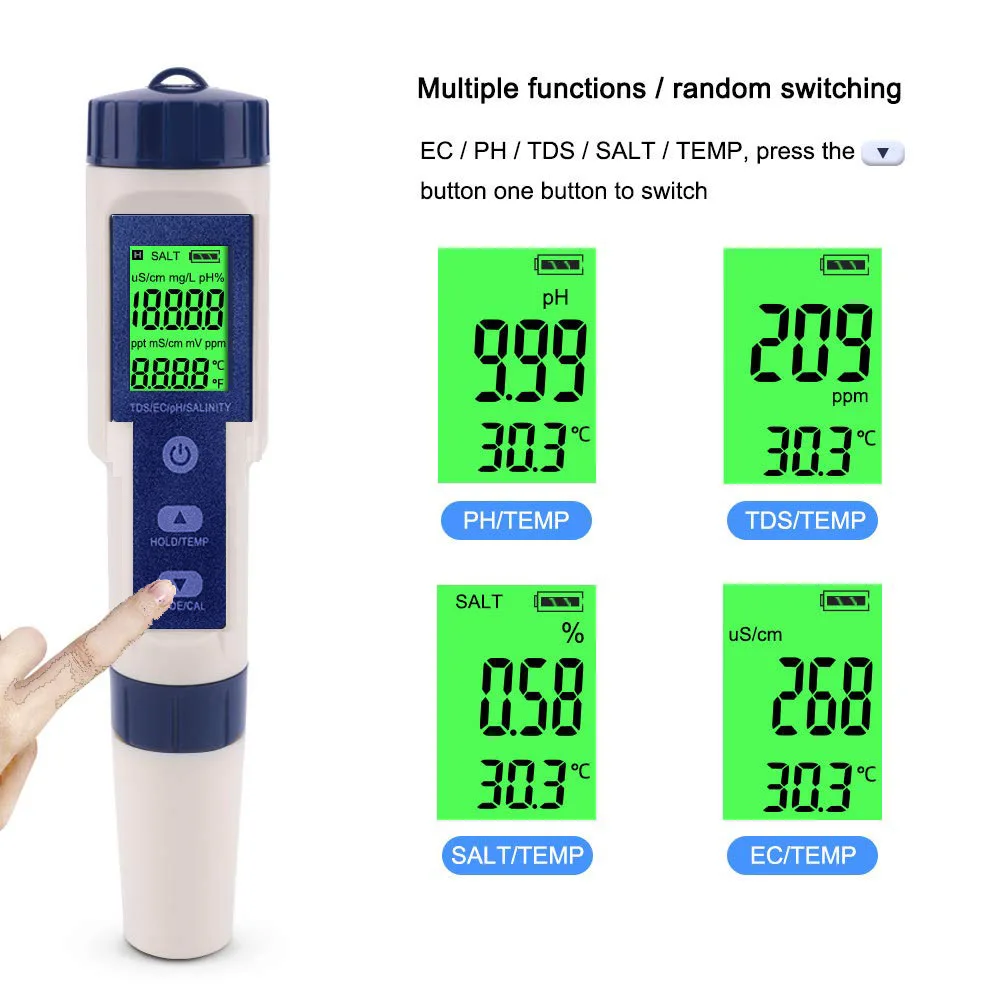 Five in one water quality detector 9909 multifunctional water pen pH acidity meter salinity meter TDS quality detection pe