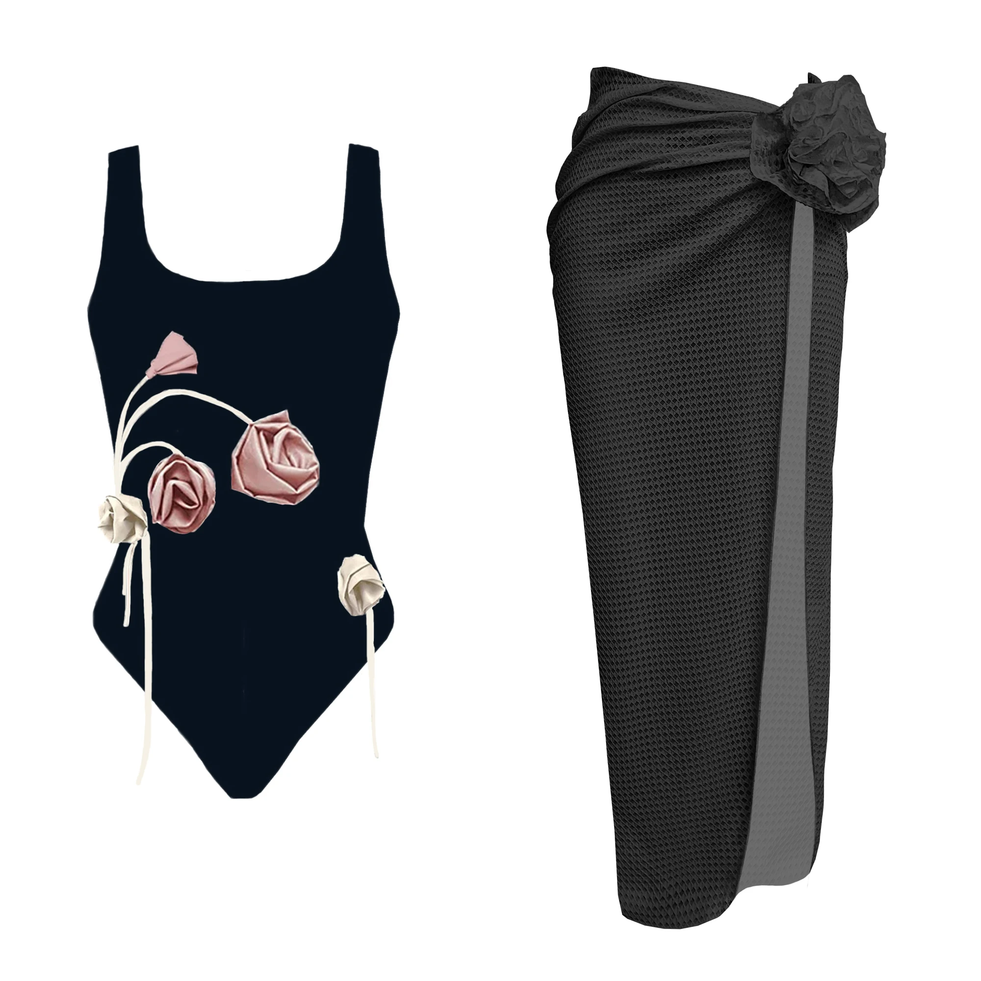 One Piece Swimsuit Women Swimwear with Beach Skirt V Neck Bathing Suit Flower Beachwear Monokini Swim Summer