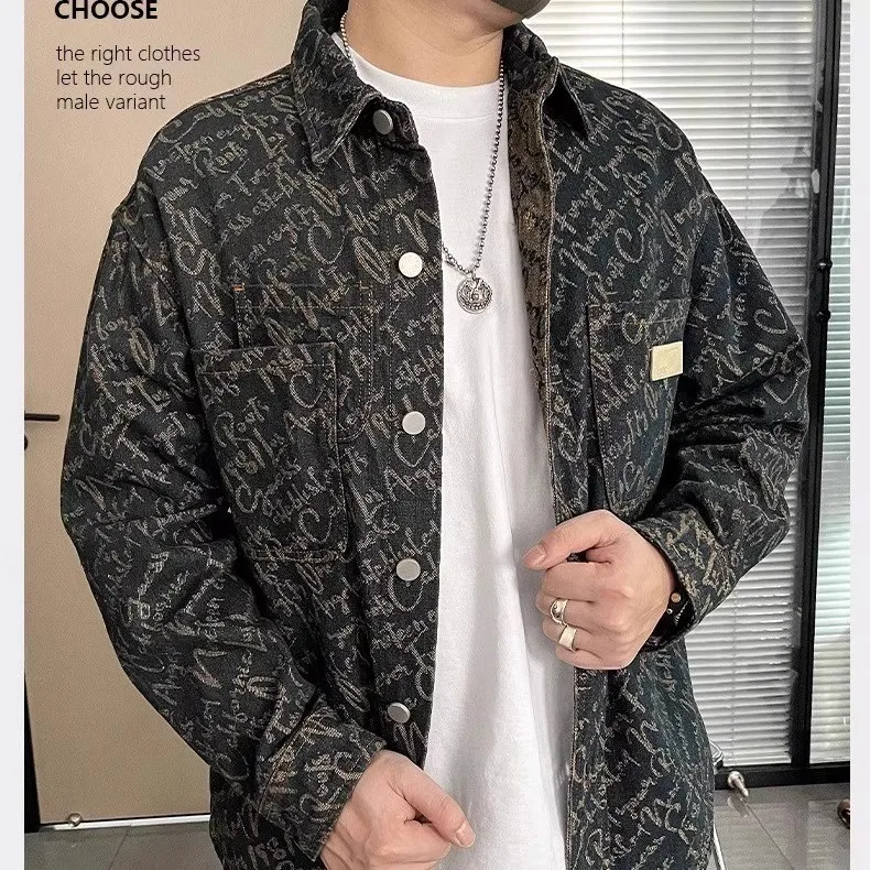 Large Size Flannel Casual irt Autumn Winter High End Embroidery Waed Denim Collar Jaet for Men Youth Polyester 00%