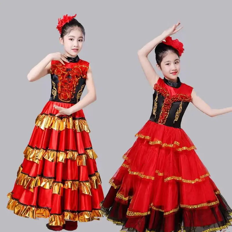 Girls Spanish Flamengo Dress Bullfighting KIds Belly Dance Costume Ballroom Gypsy Chorus Stage Performance women flamenco dresses