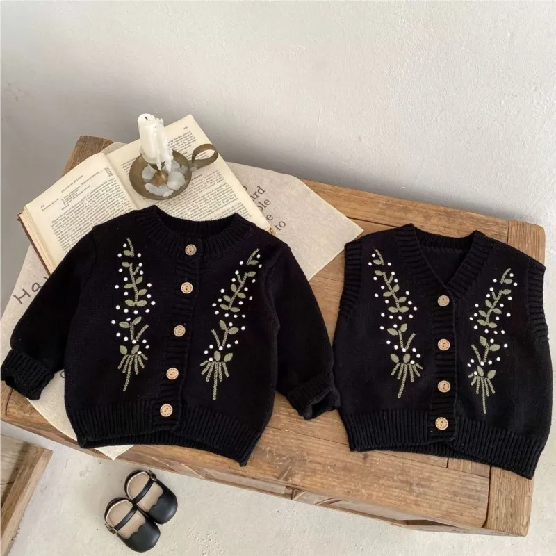 

Baby Boy Girl Cotton Sweater Embroidered Outwear Vest Cardigan Infant Toddler Kids Knit Waistcoat Sleeveless Autumn Clothes 0-3Y