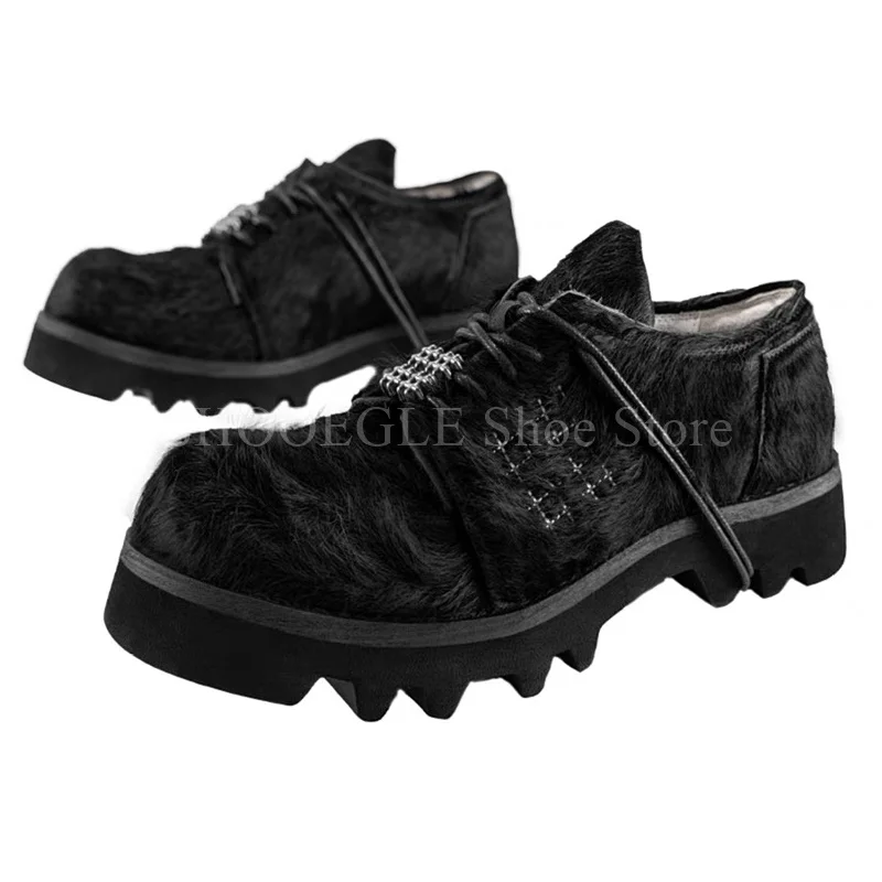 

Horsehair Thick Soled Derby Shoes Vintage Design Handmade Shoes Office Work Leather Shoes for Men Lace-Up Fashion Men's Shoes