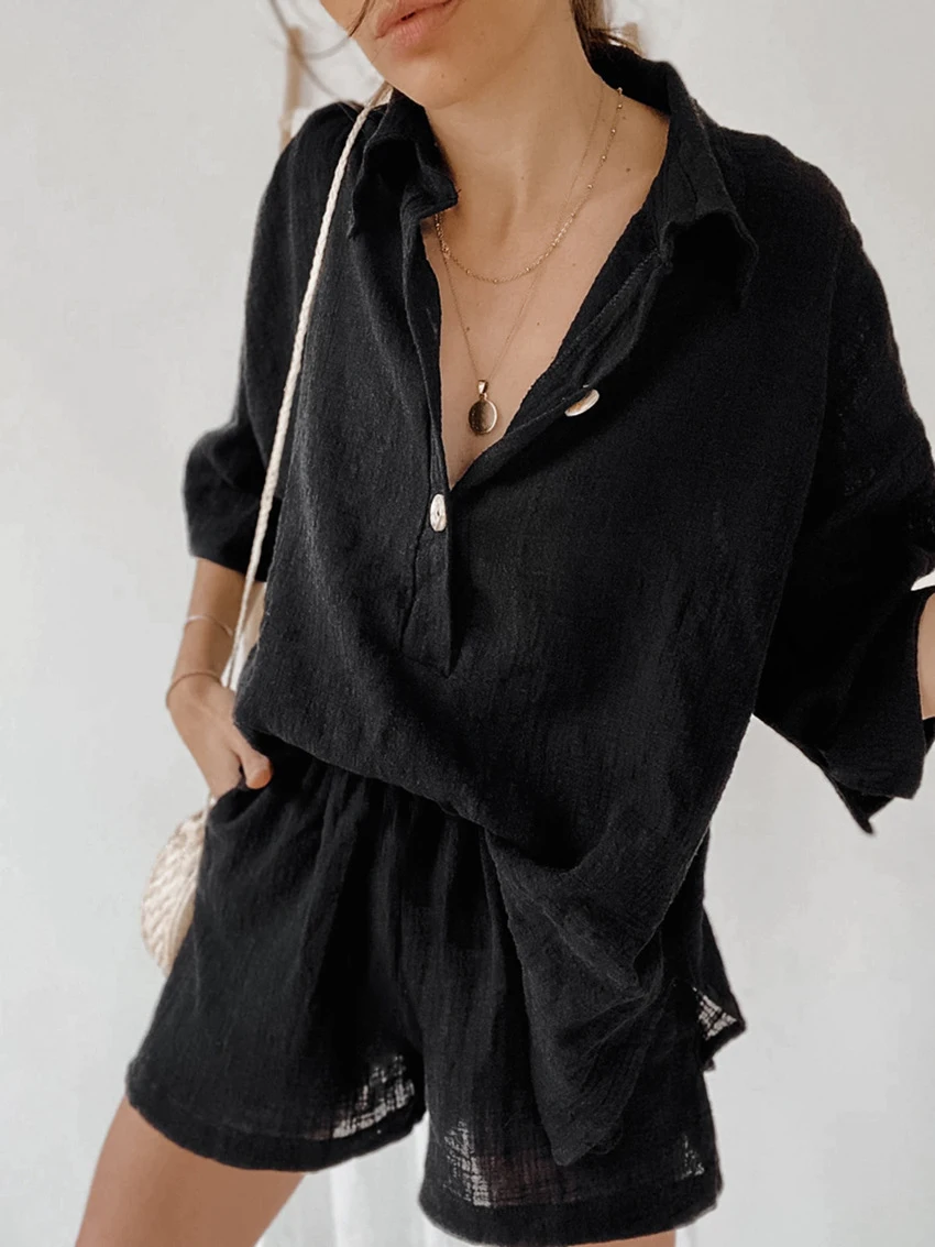 Marthaqiqi Casual Cotton Ladies Sleepwear Suit Three Quarter Sleeve Nightwear Turn-Down Collar Pajama Shorts Femme Nightgown Set