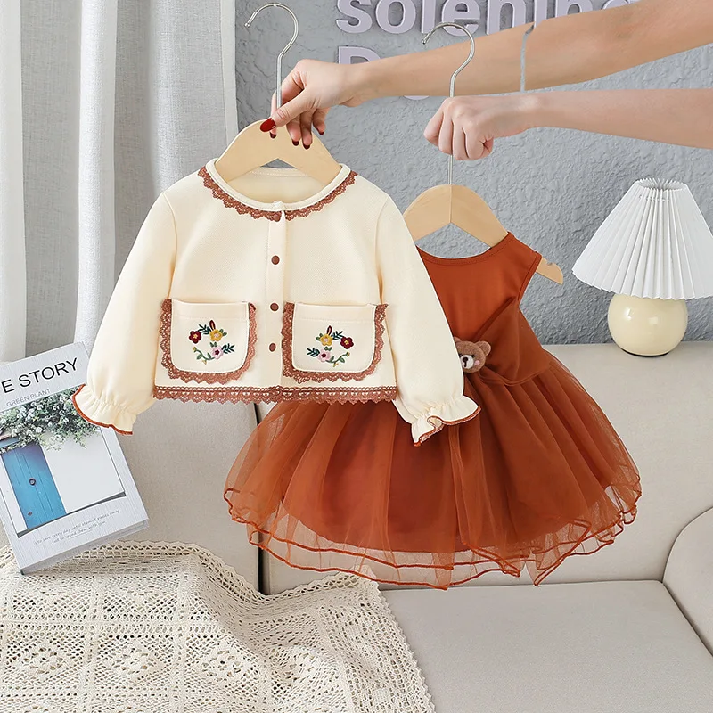 Spring Girls Sweet Princess Dress Fashion 2pcs Sets Children Kids Baby Dress+ Long-sleeved Coat Suit