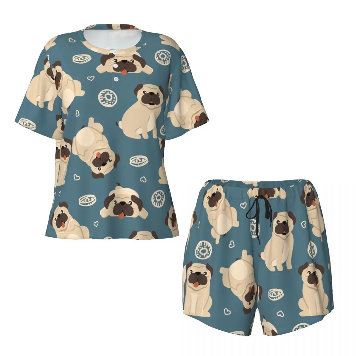 Two piece women's pajama round neck short sleeved T-shirt Funny Pug casual home pajama set