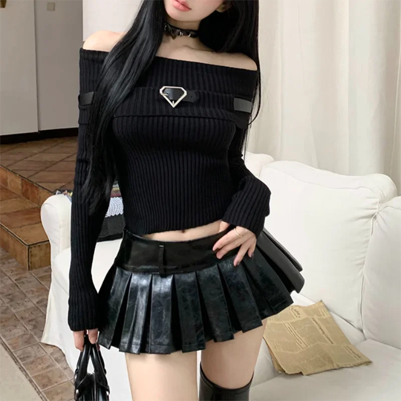 

Women Off Shoulder Slash Neck Sweater Long Sleeve Knitwear Solid Pullovers Sexy Girl Street Short Tops Y2k 2024 Fall Winter