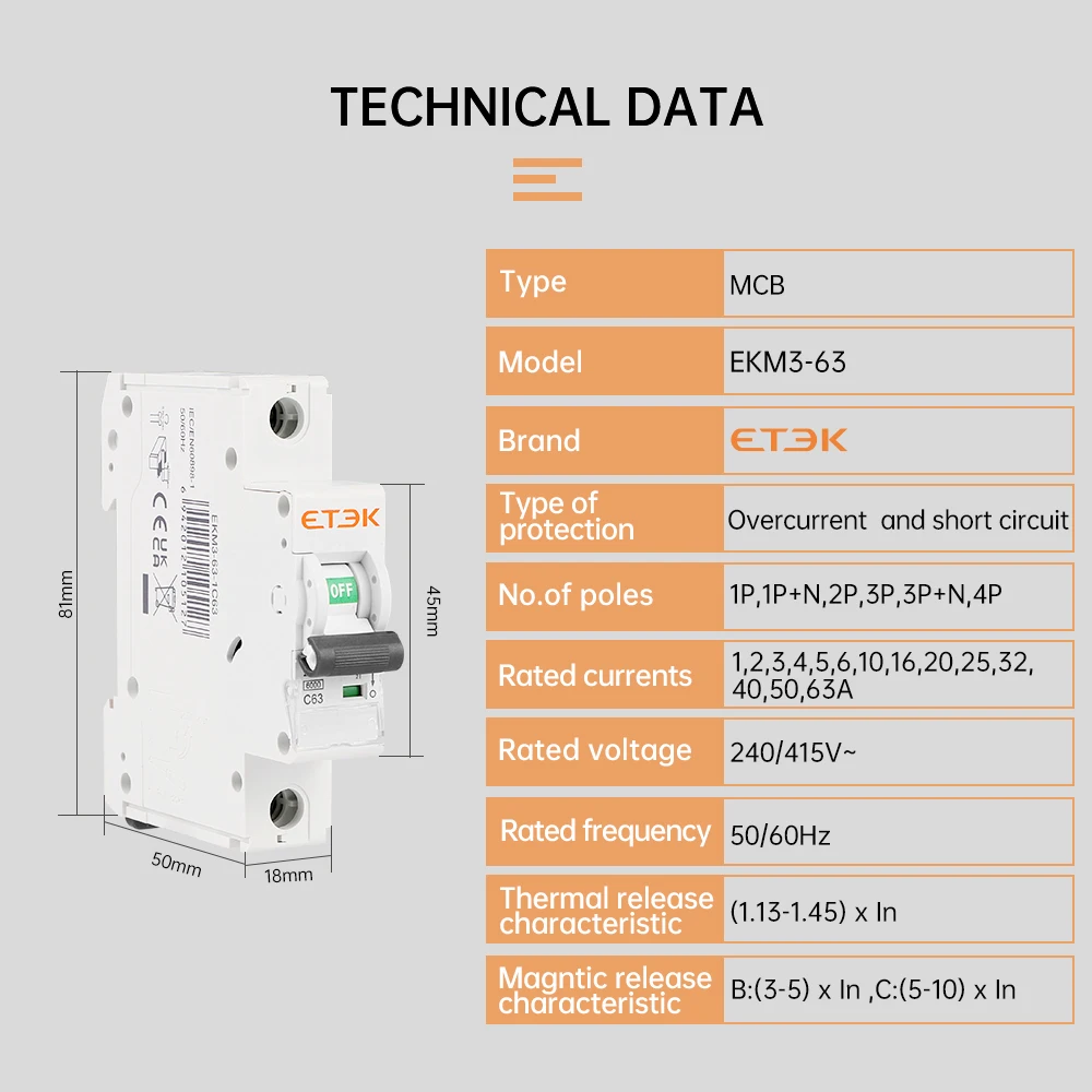 ETEK MCB Low Voltage C Curve 2p Miniature Circuit Breaker 6kA With UKCA CB Certificates Mini MCB EKM3-2P circuit breaker