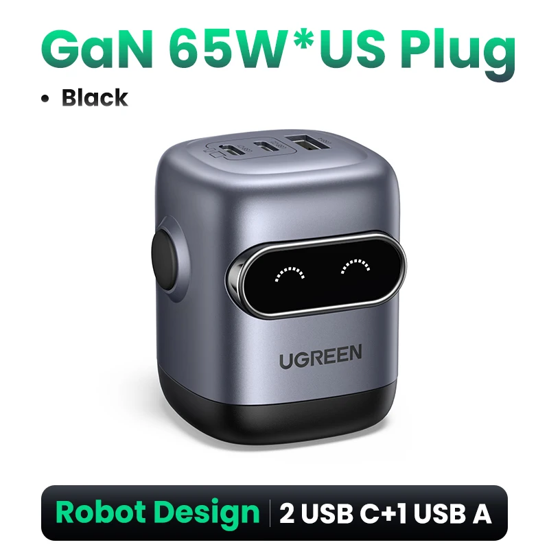 thumbnail image 1 of 【Enchufe estadounidense】Cargador UGREEN GaN de 65 W y 30 W con diseño de robot PD3.0 QC4.0 3.0 PPS, cargador rápido para iPhone 16, 15, 14 Pro, MacBook, portátiles y tabletas, 1 of 5