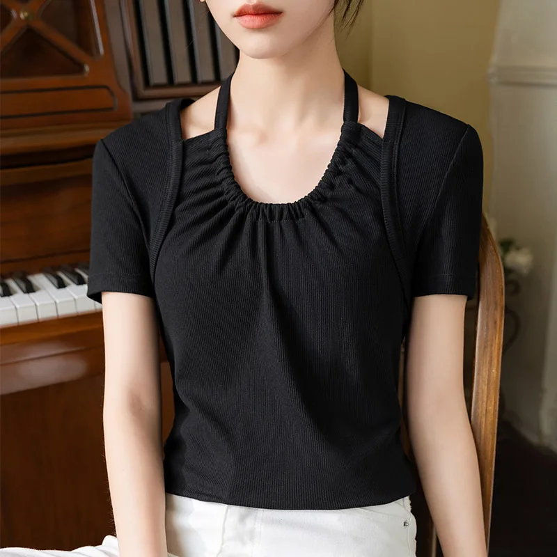 

HIgh Quality 2024 Women Tops Pure Color Halter Spring Summer T- Shirt Female Clothing Sexy Crop Top Clothes Blouse Y2k Girl