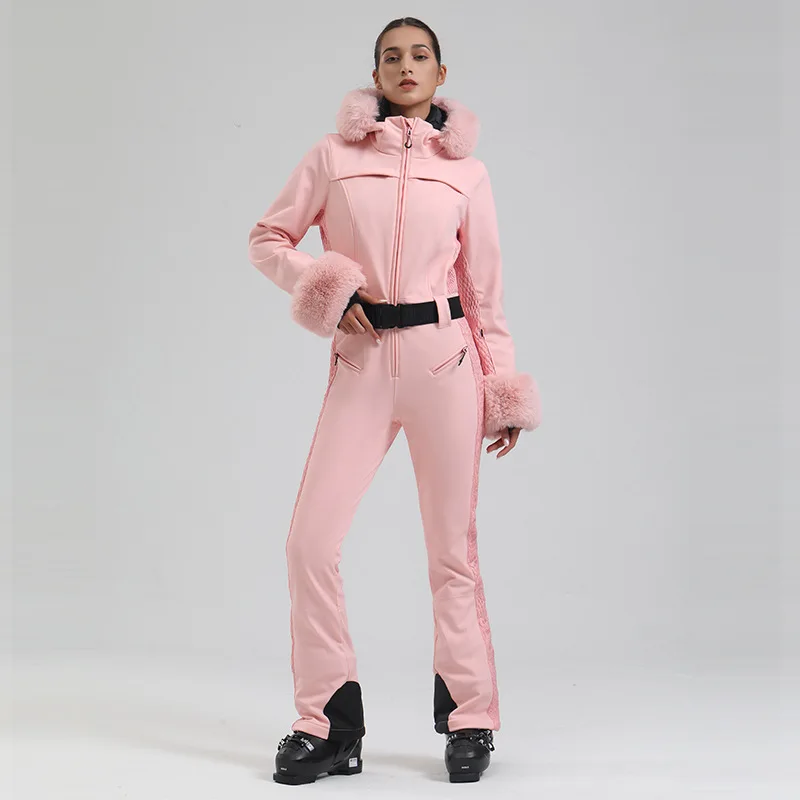 GSOU SNOW Ski Suit Women One Piece Snowsuit Slim Ski Jumpsuit Faux Fur Snowboard Waterproof Windproof Insulated Warm Hooded