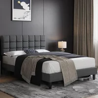 Upholstered Bed Frame, Modern Full Size Bed Platform with Square Stitching and Button Tufted Headboard, Full Size